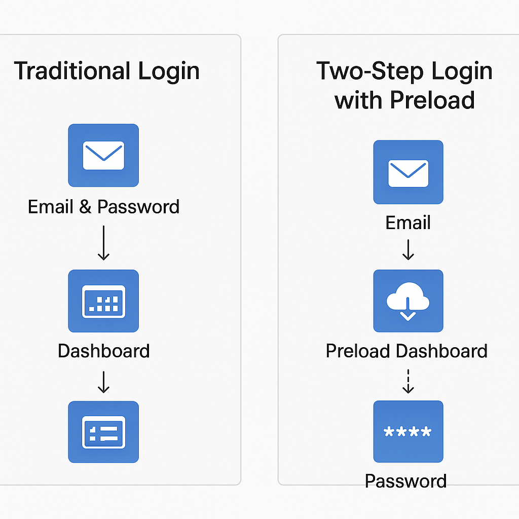 Diagram illustrating a two-step login flow with PRPL pattern. Step 1: User enters email, backend confirms existence. Step 2: Dashboard route and assets are preloaded before password entry, enabling faster dashboard access after authentication.
